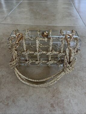 Crystal Box Evening Clutch with Gold Beaded Handle